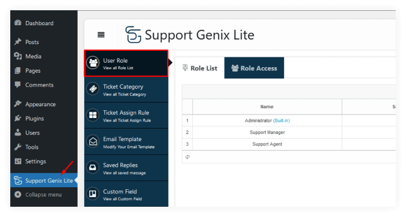 "Support Genix > User Role Setting menu."
