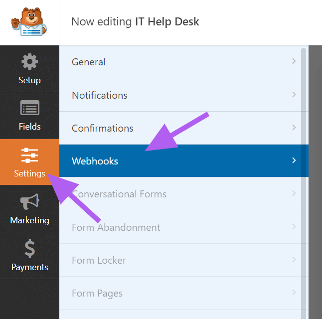 Enable and Activate Webhook from WPForms Form Setting