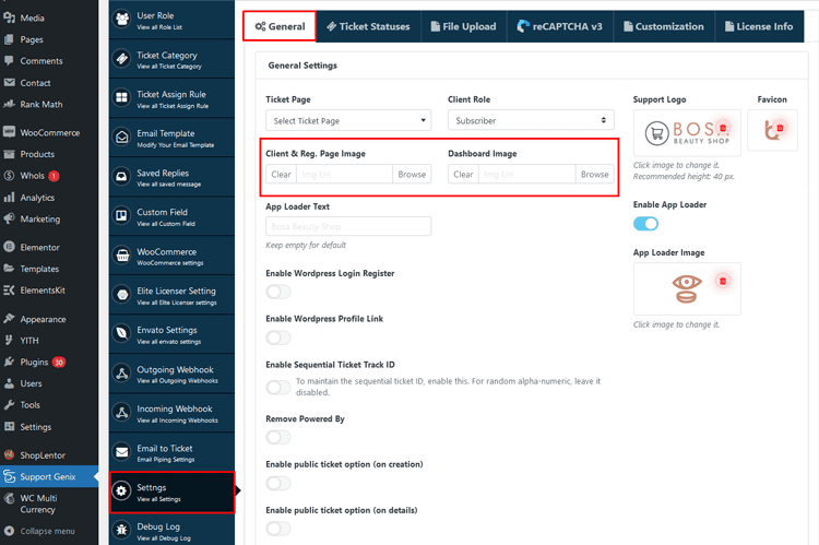 Set the Client & Reg. Page Image and Dashboard Image