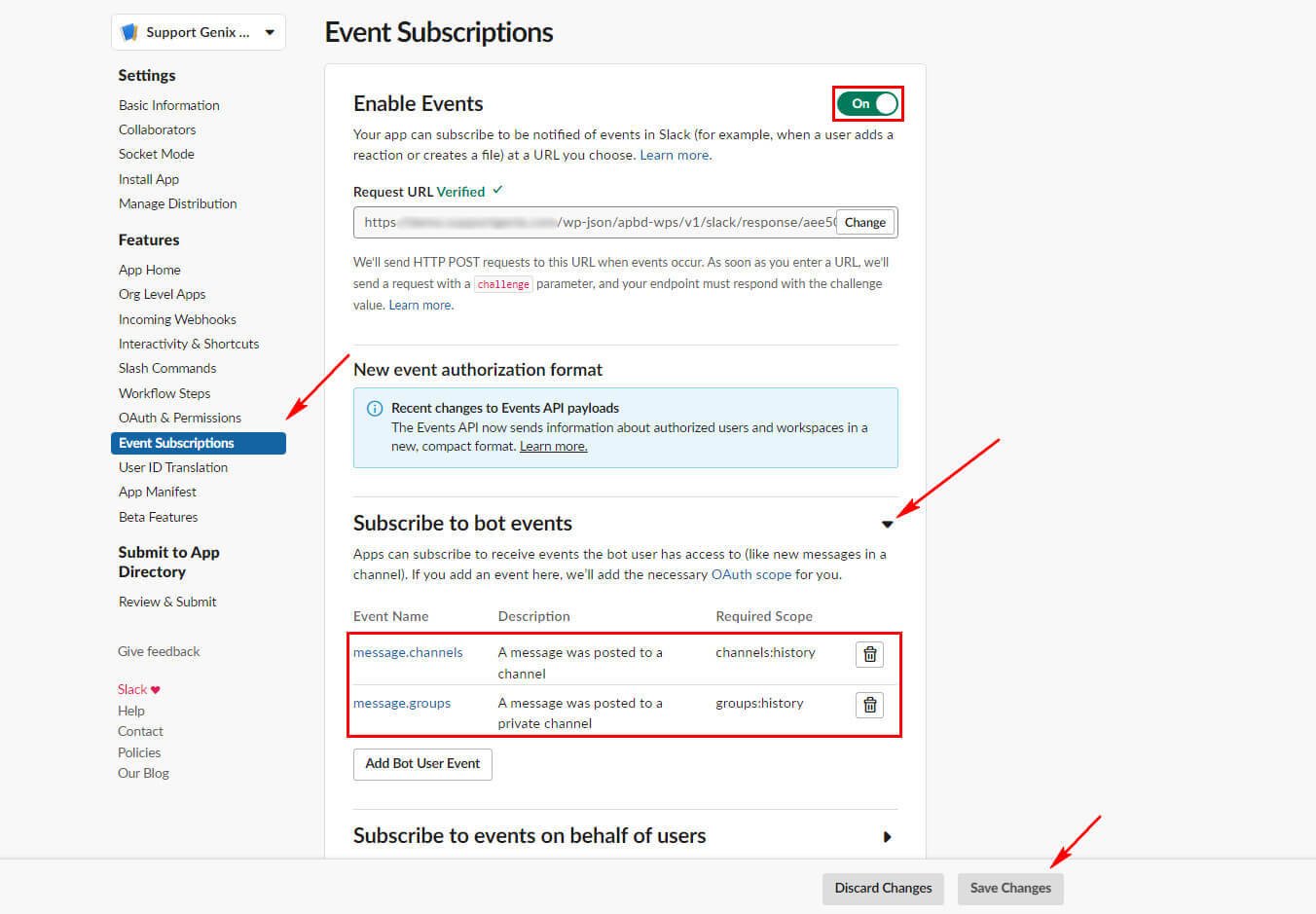 slack event configuration