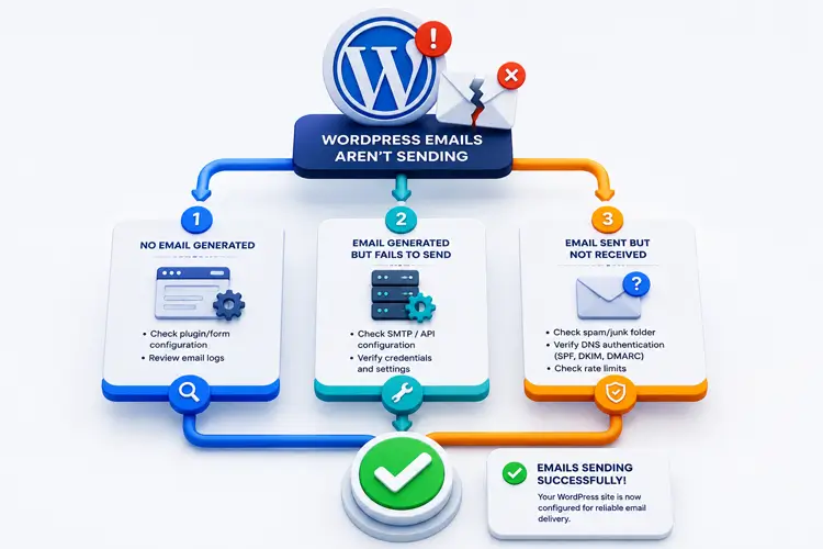 WordPress email diagnostic troubleshooting flowchart